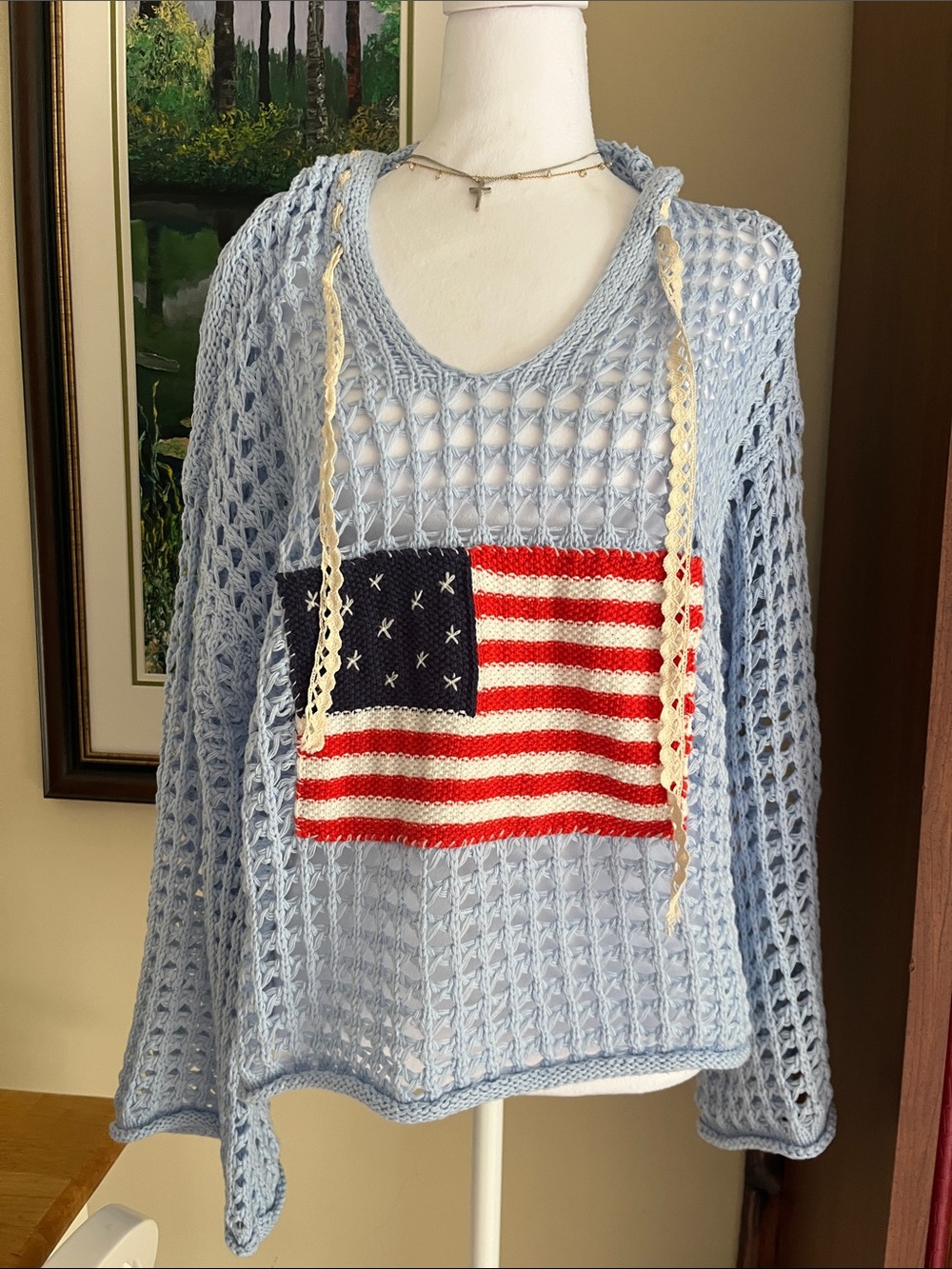 POL Light Blue Crochet Hoodie Sweater with Flag Motif